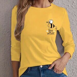 XL Cartoon Bee & Letter Print Crew Neck T-Shirt, Casual Long Sleeve Top